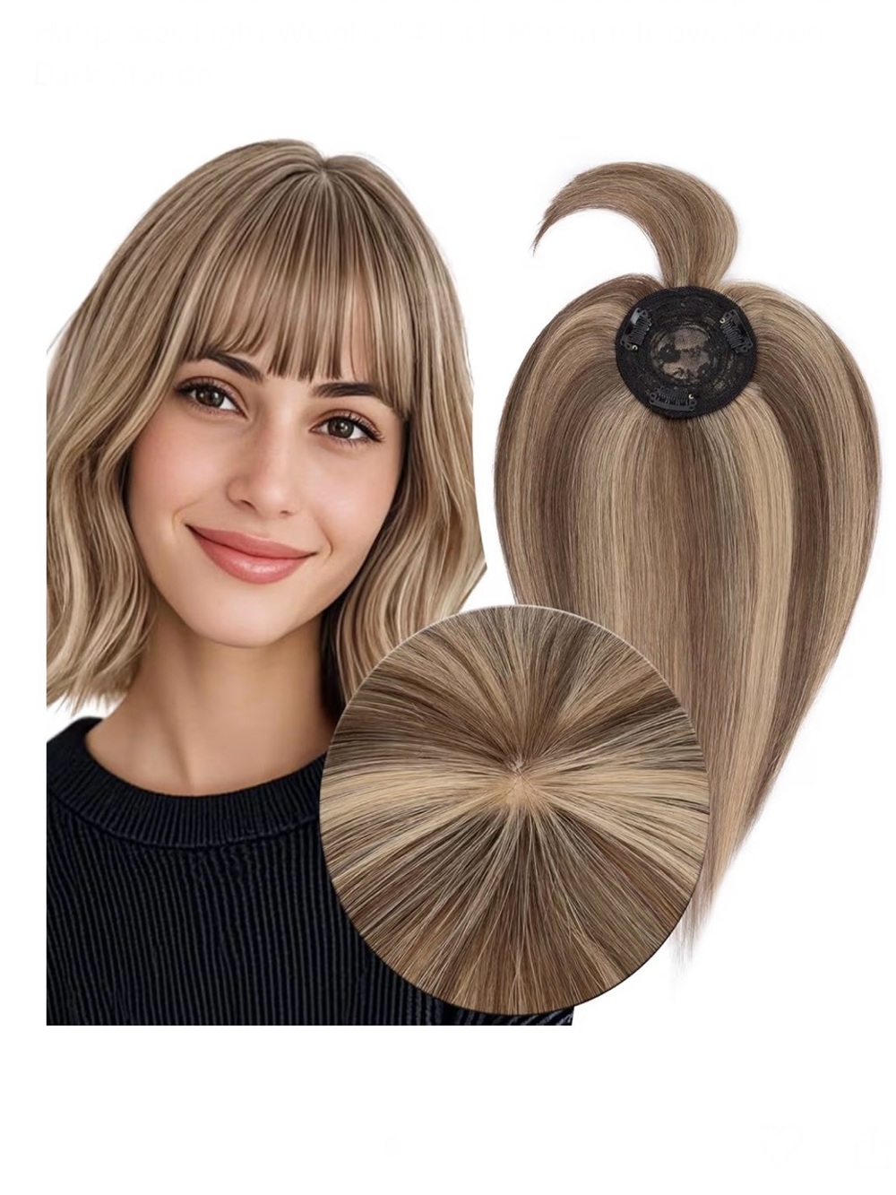 Women👩🏻Real Human Hair Topper w Bangs Thin 8.5 * 8.5CM Mono14”